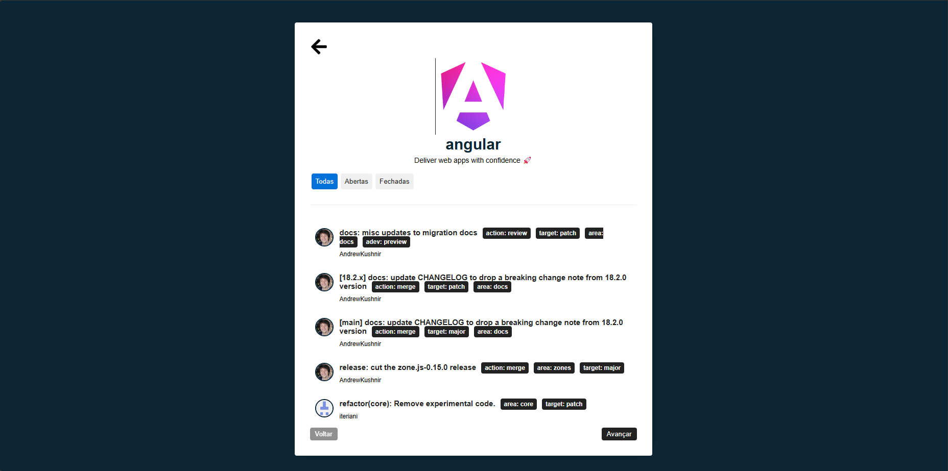 Página de painel de tarefas