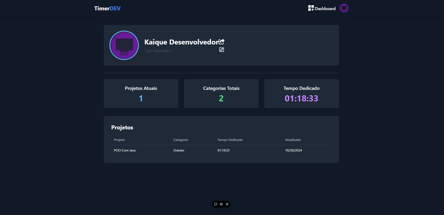 Página de perfil em tema dark