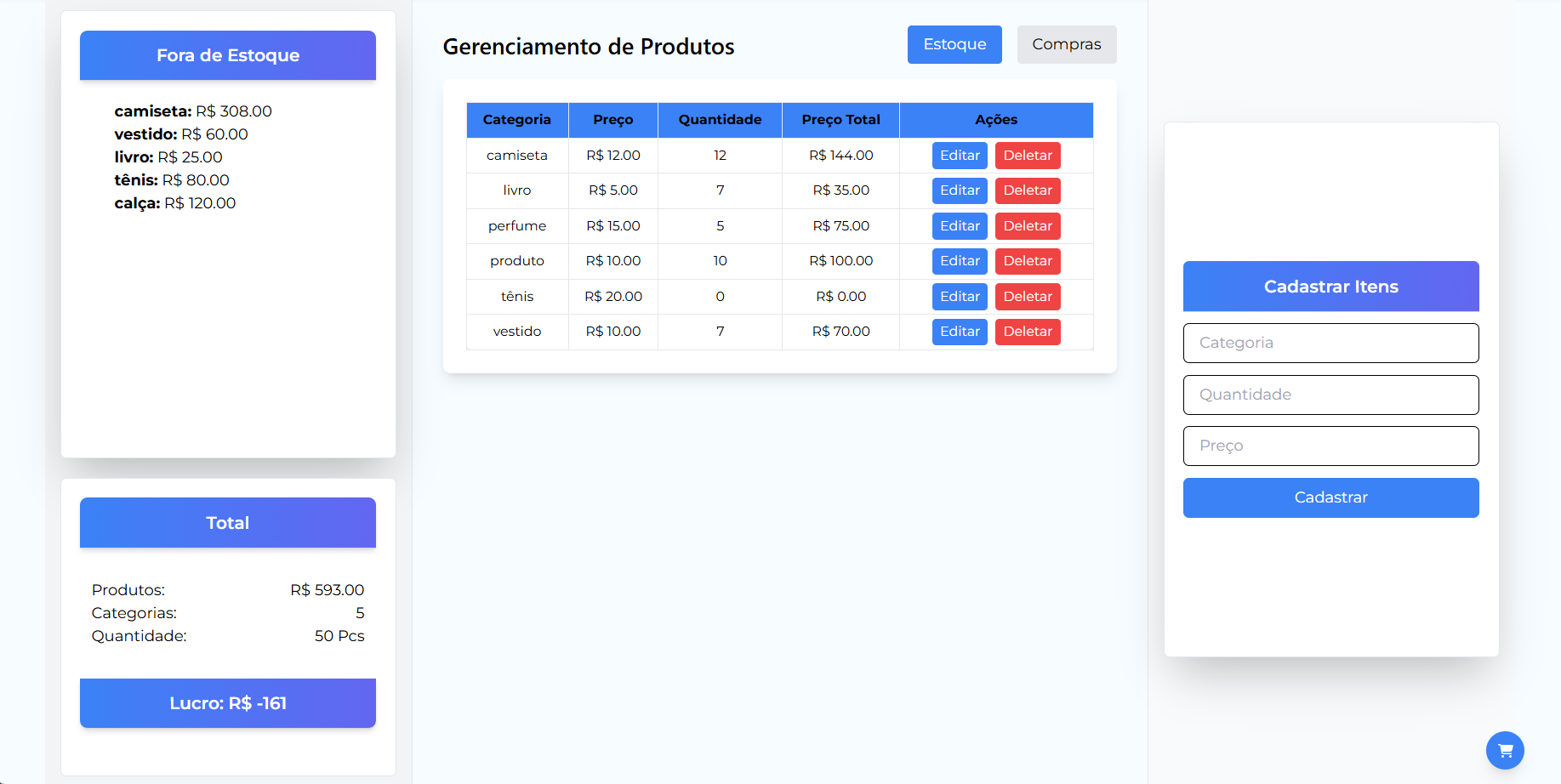 Página inicial da aplicação